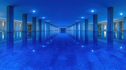 Indoor pool with mirrored reflection of a modern architectural space.