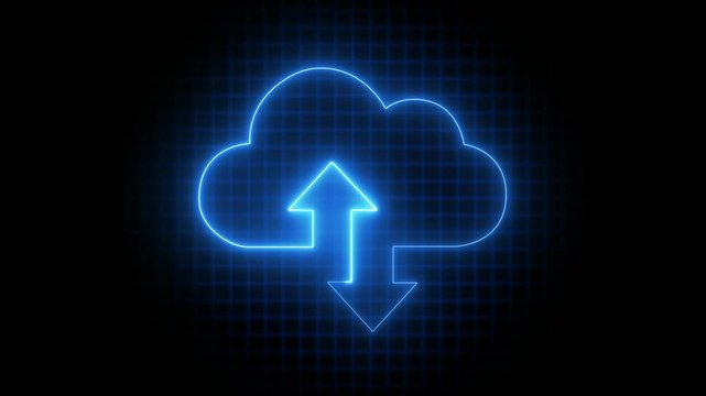 Glowing neon cloud storage with arrows, looped animation. Cloud space and technology, data backup icon.