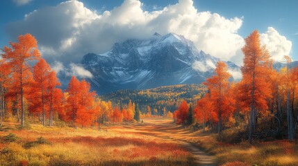Fototapeta premium Majestic snow-capped mountain peak with vibrant autumn foliage.