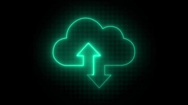 Glowing neon cloud storage with arrows, looped animation. Cloud space and technology, data backup icon.