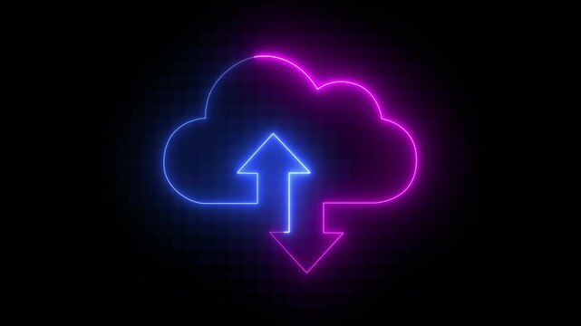 Glowing neon cloud storage with arrows, looped animation. Cloud space and technology, data backup icon.