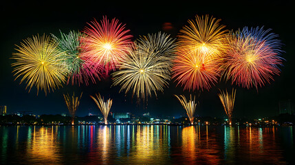 Fototapeta premium Fireworks lighting up Bangkoks Chao Phraya River with bursts of vibrant colors reflecting on the water.