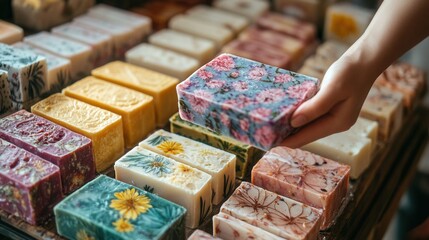 colorful handcrafted soap bars with floral and herbal designs, being carefully wrapped in eco-friendly packaging. 