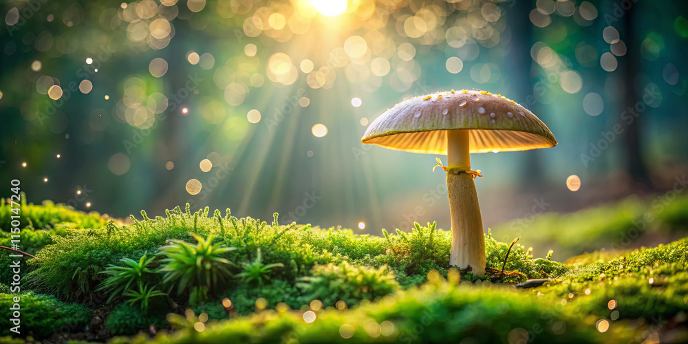 Poster a single mushroom stands tall amidst lush green moss in a tranquil forest clearing. sunlight filters