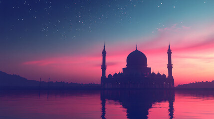 Naklejka premium Stunning sunset view of a mosque silhouette reflecting on calm water, creating a serene and spiritual atmosphere perfect for ramadan
