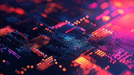 Obraz premium A vibrant, abstract digital landscape featuring glowing patterns and colors, representing technology and data visualization.