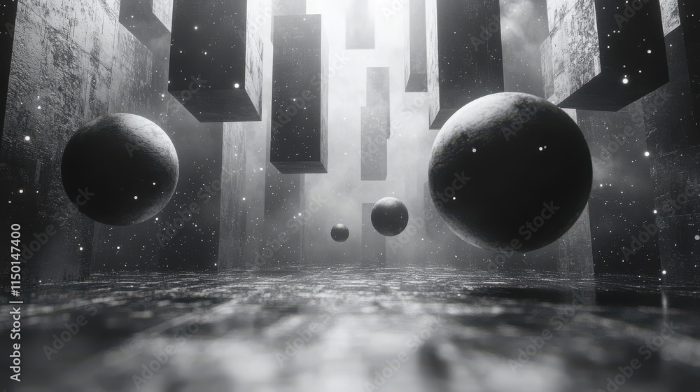 Aufkleber abstract 3d rendering of flying spheres and cubes in empty space modern loop animation motion backgr