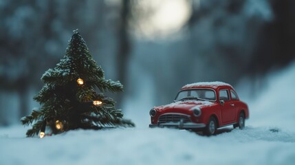 Miniature red car and snowy Christmas tree in winter scene.