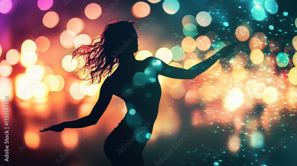 Poster dancer in motion dim stage dance performance bokeh lights artistic viewpoint expressive movement
