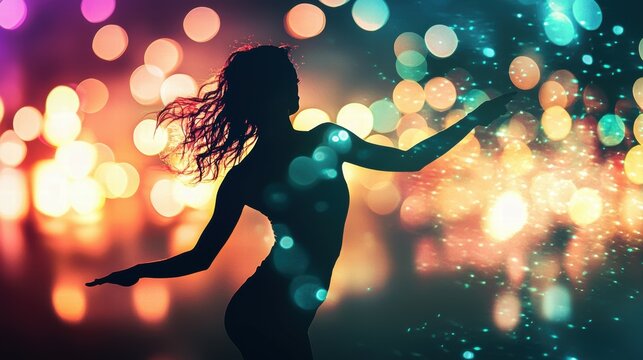 Dancer in motion dim stage dance performance bokeh lights artistic viewpoint expressive movement