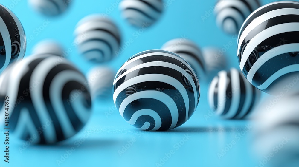 Poster abstract 3d rendering of flying striped spheres in empty space modern background design uh