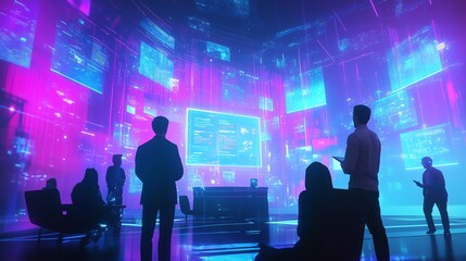 Young Entrepreneur Presenting a Glowing Digital Startup Pitch in a Modern Office, Holographic Slides in Vibrant Blue and Purple, Engaged Diverse Audience.