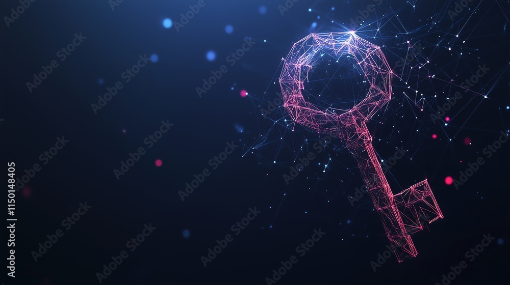 Poster abstract key icon in low poly wireframe style on dark blue background, accentuated with glowing part