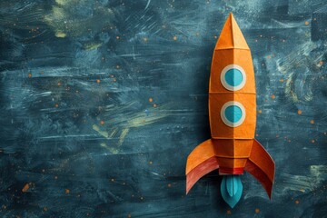 Paper Rocket on Blue Background: A vibrant orange paper rocket with blue accents sits on a textured blue background, ready to take off and reach for the stars.