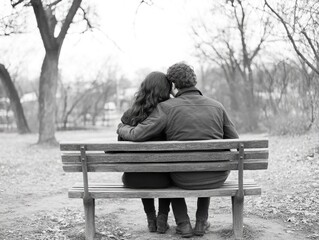 Winter black and white photo style: an adult couple sitting on a bench, the man in a dark jacket hugging the woman from behind. In front of them is a forest landscape with falling leaves on the trees,