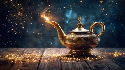 Enchanting golden magic lamp emitting smoke and glitter, resting on a wooden surface, evokes a sense of wonder and delight