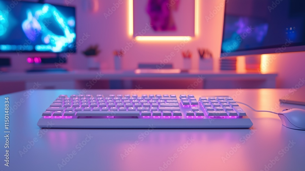 Poster modern gaming setup with colorful keyboard lighting