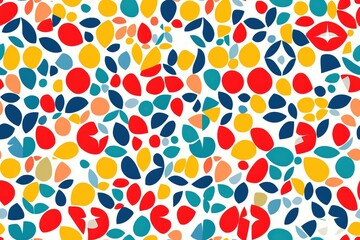A vibrant geometric pattern featuring circles, squares, and triangles in primary colors 