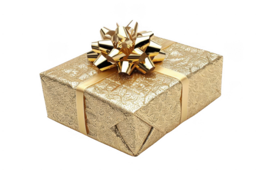 Golden Gift Box Wrapped with Ribbon and Bow on Black Background, Presents Theme.
