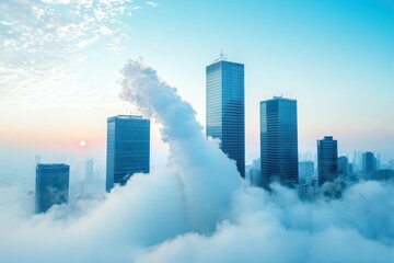 Fototapeta premium PM2.5 environment risk concept. A stunning skyline with tall skyscrapers emerging from a sea of clouds, illuminated by a soft sunrise, creating a serene and ethereal atmosphere.