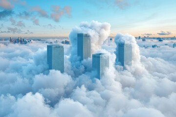 Fototapeta premium PM2.5 environment risk concept. Skyscrapers emerging from a sea of clouds under a pastel sky, creating a surreal, dreamlike atmosphere.