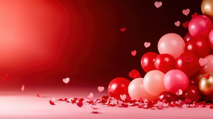 Obraz premium Valentine's Day pink and red balloon arrangement concept. Colorful balloons in shades of red and pink with heart-shaped confetti, creating a festive atmosphere for celebrations.