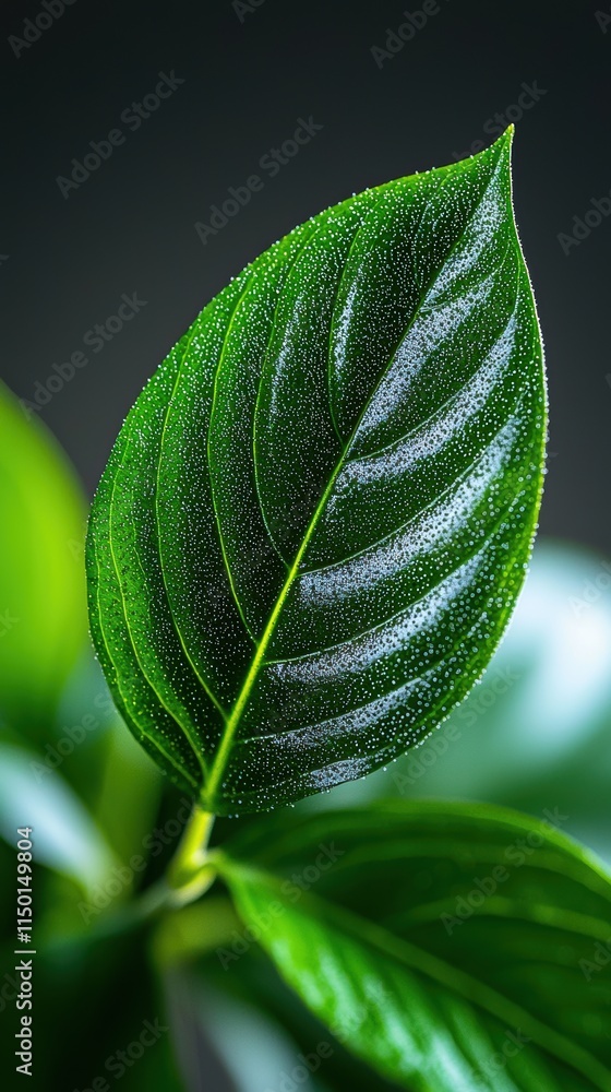 Poster a close-up of a vibrant green leaf showcasing intricate textures and patterns against a dark backgro