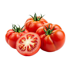 Fototapeta premium Bright red ripe tomatoes with green stems and a cut one revealing seeds and flesh