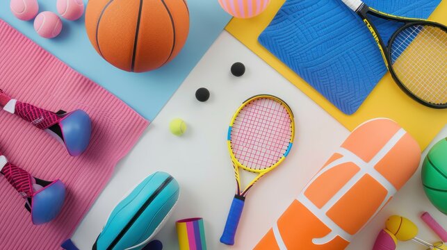 A vibrant setup of sports equipment on white, featuring a basketball, tennis racket, and yoga mat,