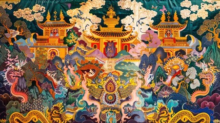 Obraz premium A vibrant temple wall painting, depicting intricate Buddhist stories and traditional art,