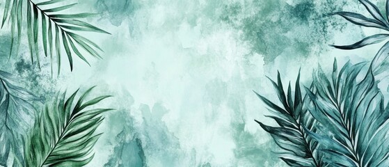 Abstract luxury art background with tropical leaves. Watercolor design in art line style in green and blue colors