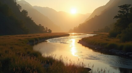 Fototapeta premium Golden Light on a Winding River Valley