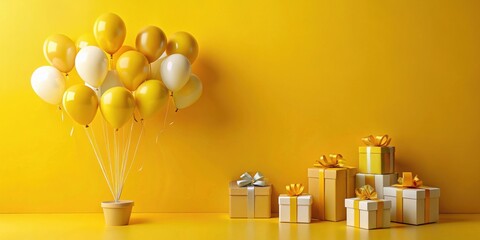A cluster of yellow and off-white balloons in a pot next to a collection of presents with yellow and off-white ribbons.