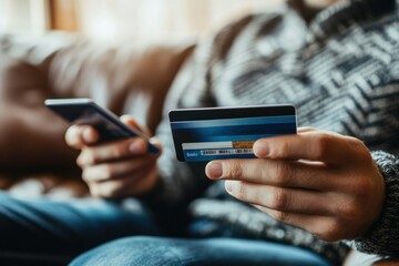 Man Enjoying Smartphone Use While Holding Credit Card