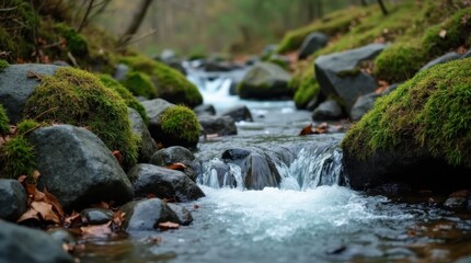 Fototapeta premium Mossy Mountain Stream Close-Up