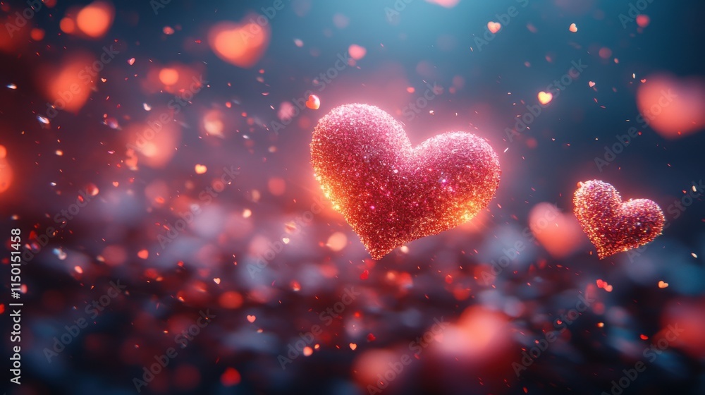 Poster abstract 3d rendering of hearts shapes computer generated flying love symbols valentine s day motion