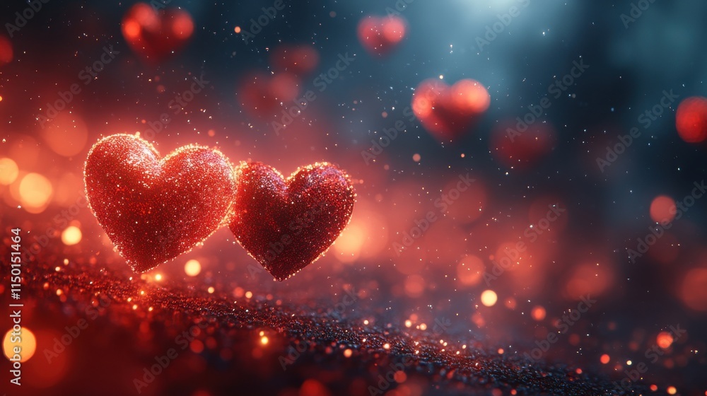 Poster abstract 3d rendering of hearts shapes computer generated flying love symbols valentine s day motion