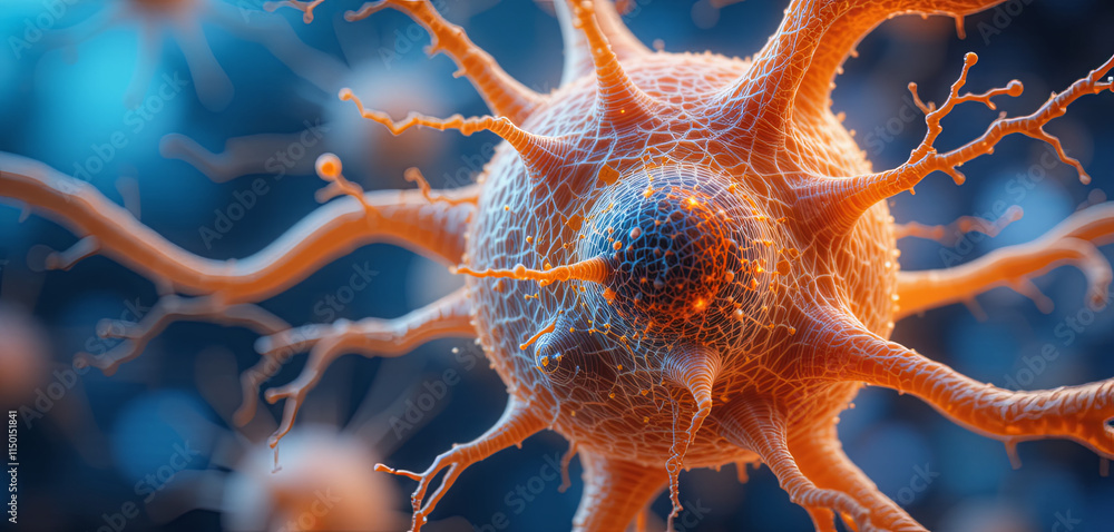 Poster a detailed view of a neuron showcasing its structure, including dendrites and synapses, illustrating