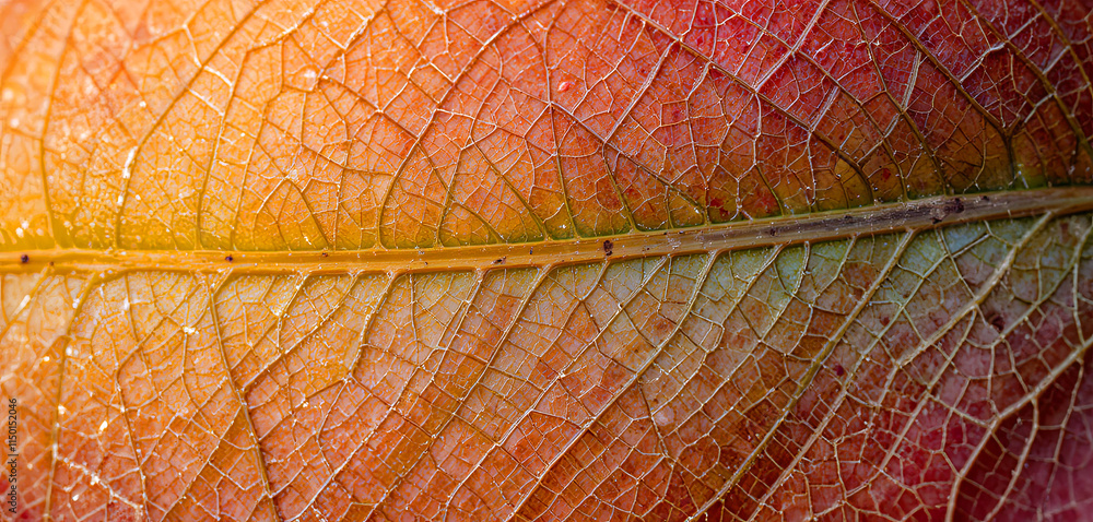 Poster a detailed view of an autumn leaf reveals its complex network of veins and beautiful color variation