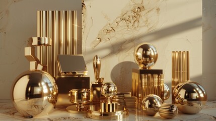 An artistic arrangement of golden objects, with sleek and modern designs,