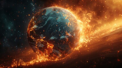 Obraz premium Fiery Planet: A dramatic, cinematic depiction of Earth engulfed in flames, set against a backdrop of cosmic dust and swirling nebulae.