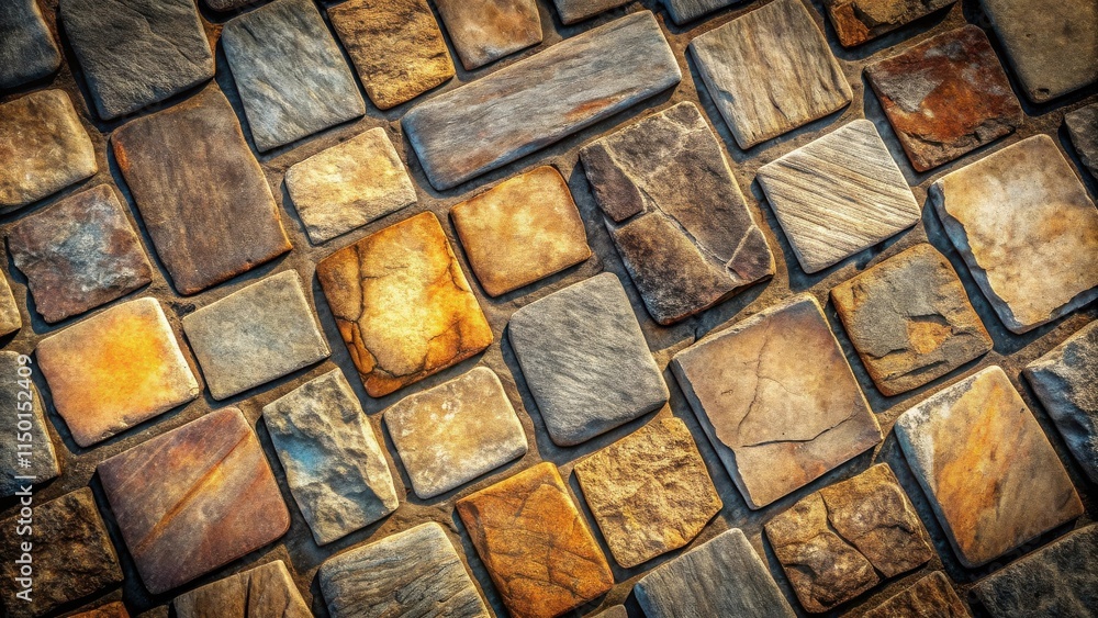Poster warm-toned stone pavement texture, displaying a variety of natural hues and irregular shapes in a di