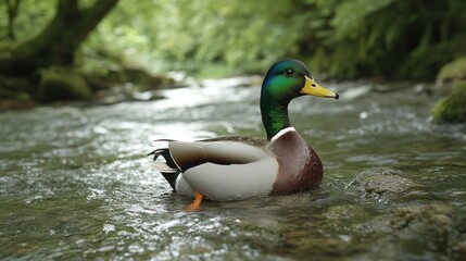 A mallard duck swimming in a serene stream surrounded by lush greenery.