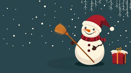 Merry Christmas Snowman with Broom and Gift - Festive Winter Illustration