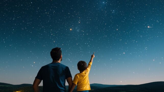 Father and son enjoying a magical night under the stars while pointing at constellations, creating lasting memories in the great outdoors surrounded by nature's beauty