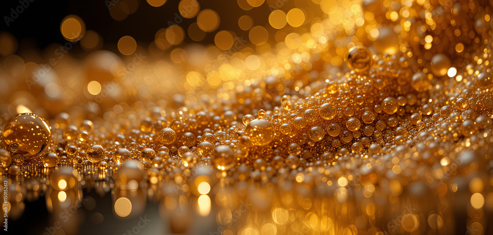 Poster glimmering droplets of golden liquid gather together, shimmering with light. the close-up reveals in