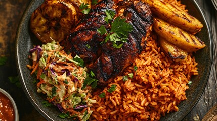 A plate of vibrant jollof rice with grilled chicken, fried plantains, and a side of coleslaw, garnished with fresh parsley	
