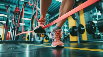 An effective resistance bands exercise, with a person performing leg lifts in a bright and modern gym,