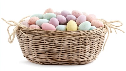 Fototapeta premium Pastel Decorative Eggs in a Woven Basket for Spring Festivities