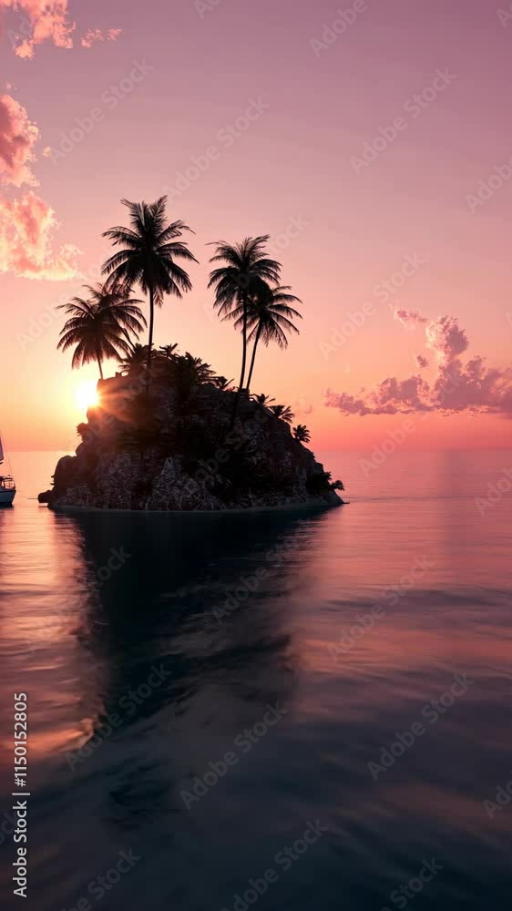Aufkleber sunset view of a serene island with palm trees and a sailing boat in calm waters